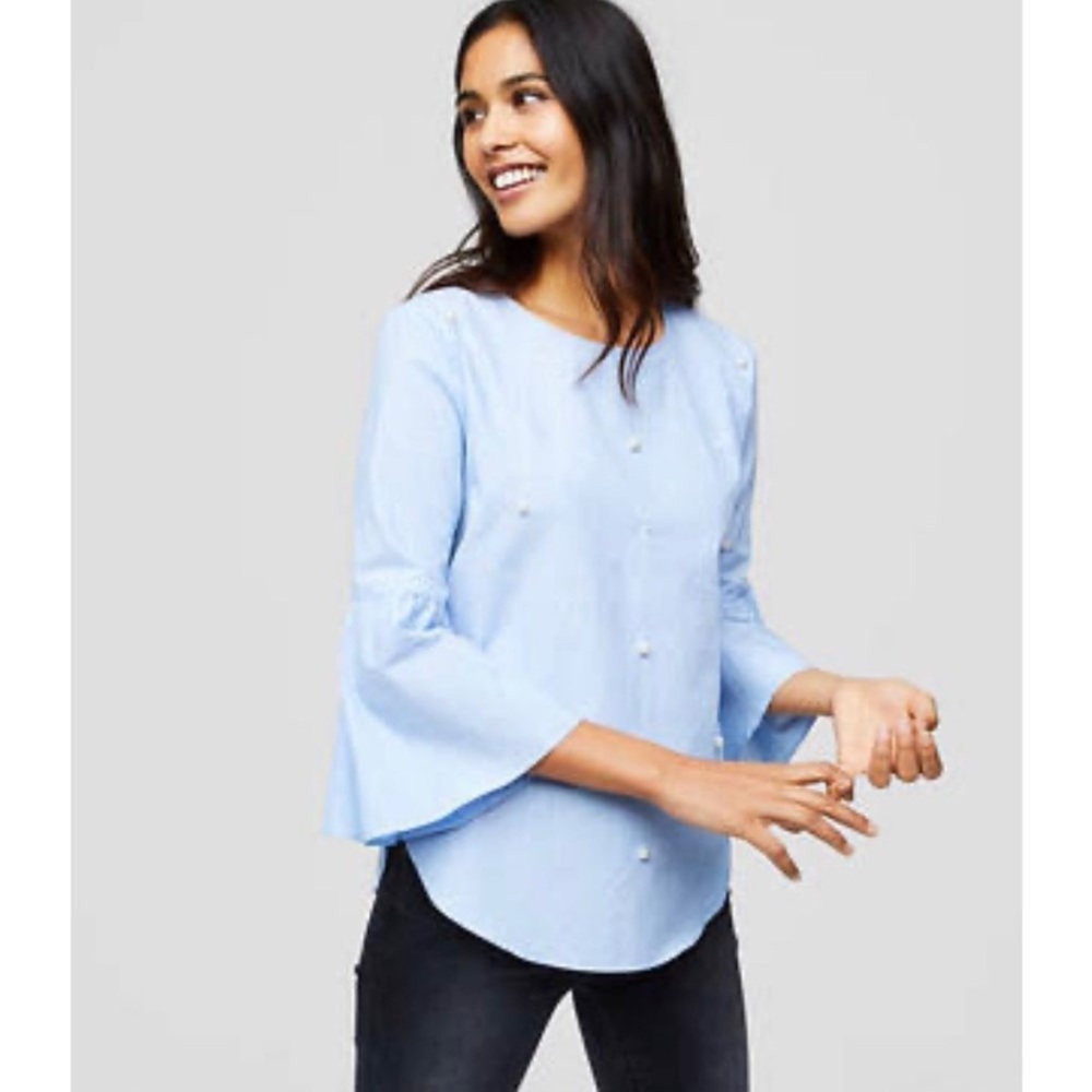 LOFT Light Blue Pearl Detail Blouse